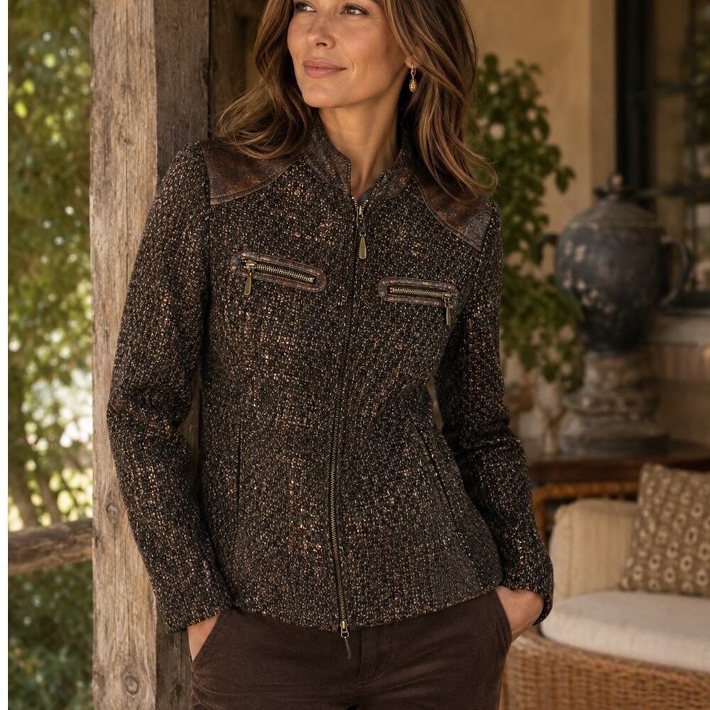 Chico's Bronze Metallic Tweed Moto Jacket Faux Leather Zip Front Elevated Size S